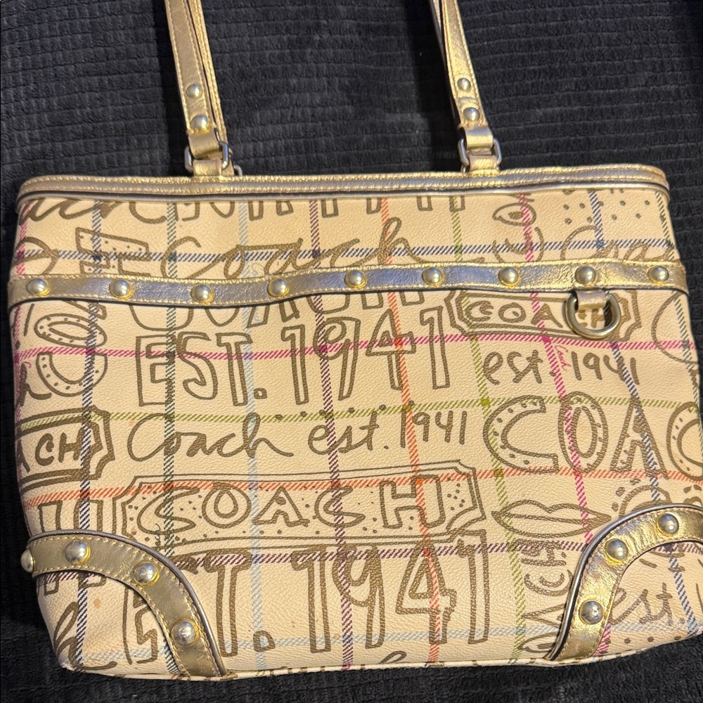 Coach Beige and Gold Signature Shoulder Bag